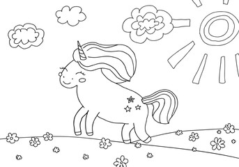 Cute coloring book with a unicorn on a field of flowers, clouds, sun, isolated background.