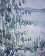 Water surface with branches and bushes. Backwater shore with boggy aquatic vegetation. Neutral watercolor. Dim one color pale blue painting. Grungy paper weathered texture.