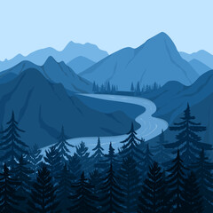 blue landscape background with mountain, river, and pine trees