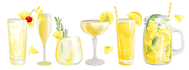 A set of cocktails with lemon.Refreshing drinks with lemon slices, rosemary, ice.Summer lemonade in a jar, lemon juice, tom Collins cocktail, French 75, limoncello. - obrazy, fototapety, plakaty