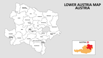 Lower Austria Map. State and district map of Lower Austria. Administrative map of Lower Austria with district and capital in white color.