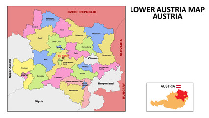 Lower Austria Map. State and district map of Lower Austria. Political map of Lower Austria with neighboring countries and borders.