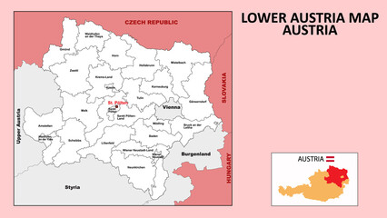 Lower Austria Map. State and district map of Lower Austria. Administrative map of Lower Austria with district and capital in white color.