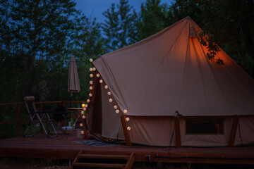 Tent at the glamping site at dusk