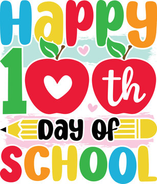 Happy 100th Day of School greeting card template with hand-drawn lettering and simple illustration for cards