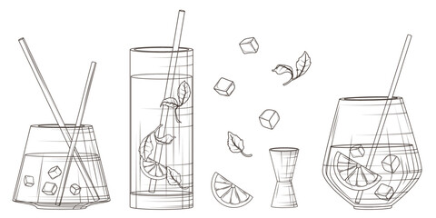 Vector illustration of a set of glass of juice, cocktail, mint, ice, lemon slice in sketch style. Hand- drawn illustration for bar decoration, menu design, poster, banner decoration.