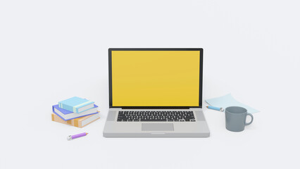 Concept home working when notebook, coffee, tea, book and happy job. Minimal modern workspace with laptop. work from home concept. 3d rendering in white background