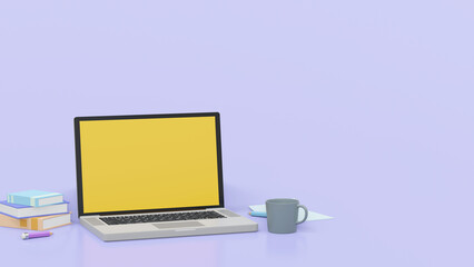 Concept home working when notebook, coffee, tea, book and happy job. Minimal modern workspace with laptop. work from home concept. 3d rendering in blue background