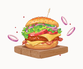 Vector illustration of realistic big hamburger on white background