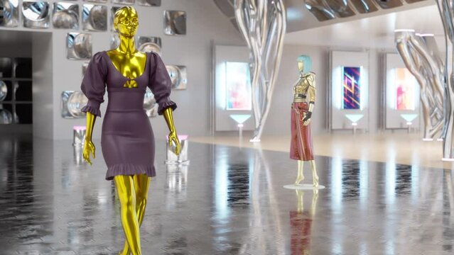 3D fashion show: virtual model walking by the podum. Fashionable purple dress. 3D Rendering