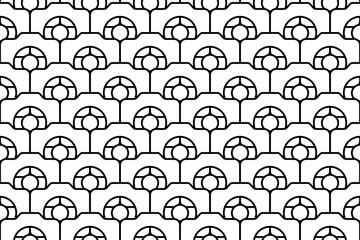Seamless pattern completely filled with outlines of photo camera symbols. Elements are evenly spaced. Vector illustration on white background