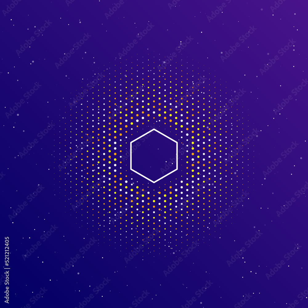Poster a large white contour hexagon symbol in the center, surrounded by small dots. dots of different colo