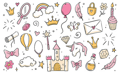 Hand drawn princess doodle set. Beauty cute girl princess accessories, fairy unicorn, castle. Doodle background. Vector illustration.