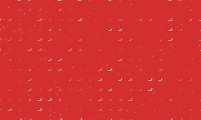 Seamless background pattern of evenly spaced white caterpillar symbols of different sizes and opacity. Vector illustration on red background with stars