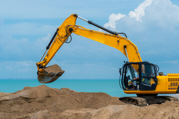 Oil industry heavy machine sea excavator construction sand silhouette business, from mining bucket for excavation and power earth, yellow excavate. Excavating working stone, stone