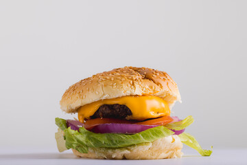 Close-up of burger against gray background with copy space