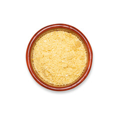 Delicious farofa (toasted flour with seasonings) bowl on white isolated background.