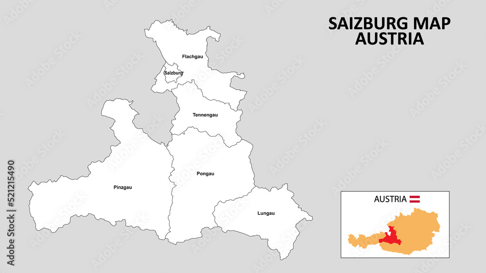 Sticker salzburg map. state and district map of salzburg. administrative map of salzburg with district and c