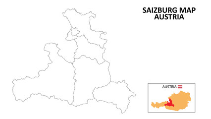 Salzburg Map. State and district map of Salzburg. Political map of Salzburg with outline and black and white design.
