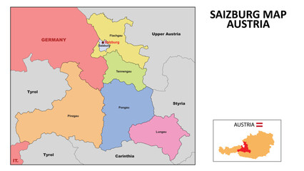 Salzburg Map. State and district map of Salzburg. Political map of Salzburg with neighboring countries and borders.