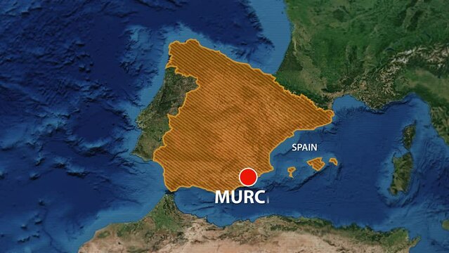 Designation of the borders of Spain on the map and the mark of the location of the city of Murcia