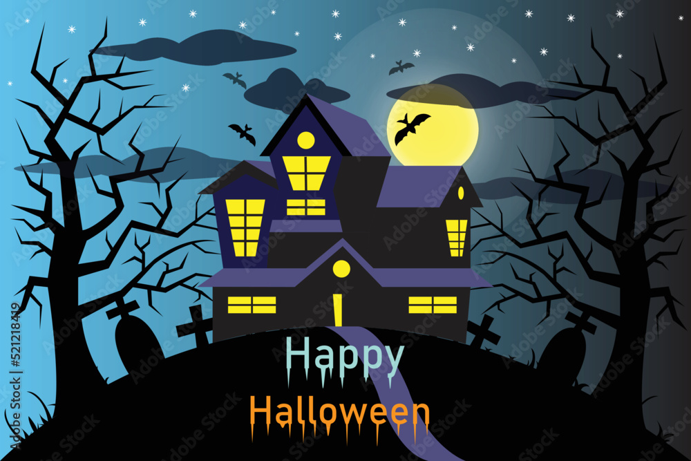 Wall mural spooky house halloween celebration and full moon