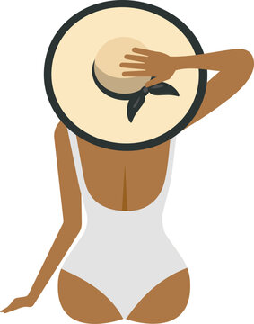 African American Woman Wearing Bathing Suit And Sun Hat