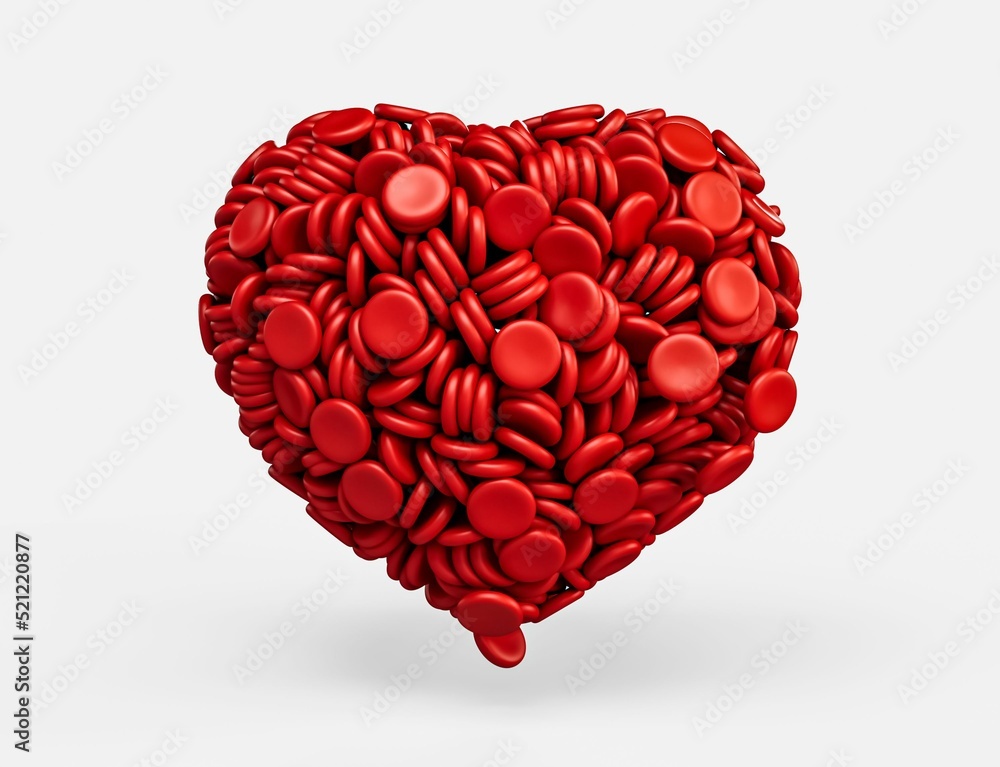 Poster 3d rendering of red blood cells in the shape of a heart isolated on the white background