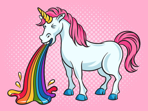 unicorn puke vomit rainbow pop art retro vector illustration. Comic book style imitation.