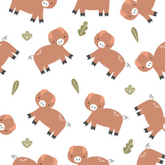 Seamless pattern with cute piglets on a white background. Vector illustration in pastel colors for your design