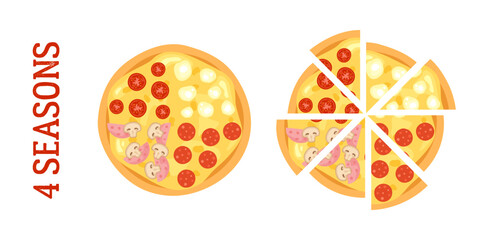 Illustration of a season 4 pizza top view. Capricosa, margherita, pepperoni and cheese pizza