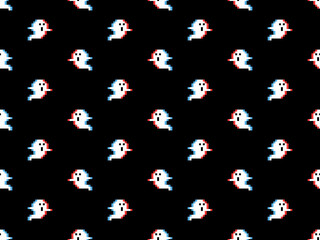 Ghost cartoon character seamless pattern on black background. Pixel style