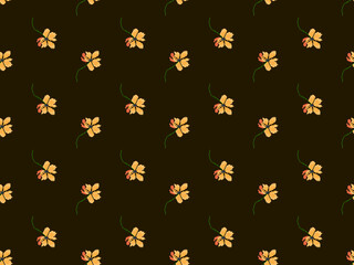 Flower cartoon character seamless pattern on brown background. Pixel style