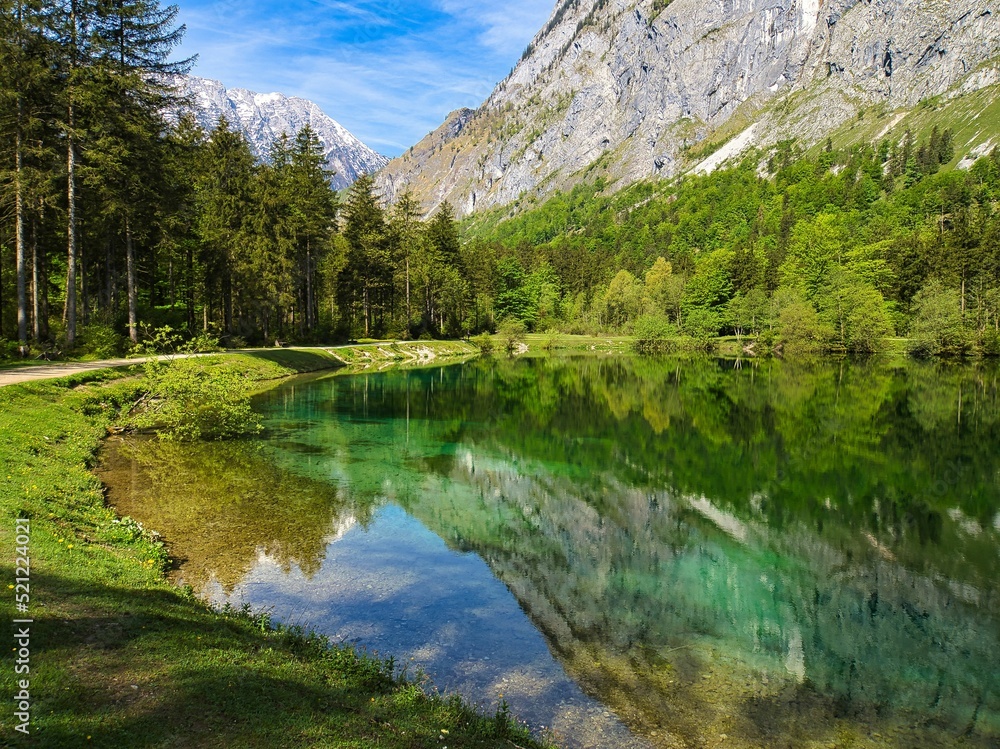 Poster beautiful view of the calm lake with reflection of trees in the water