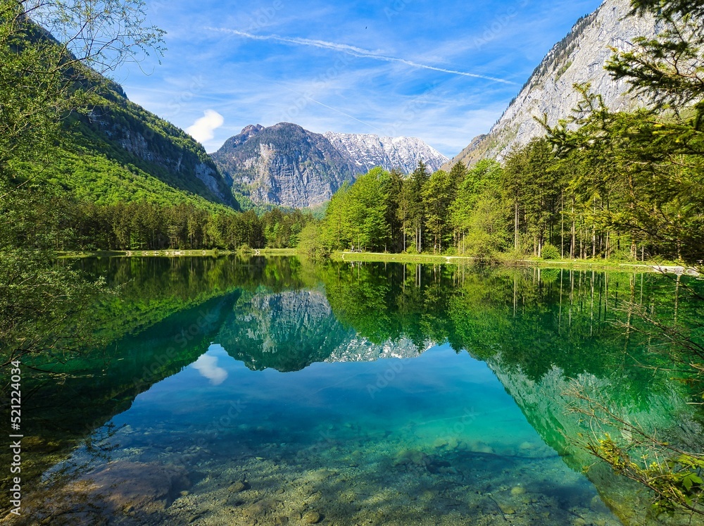 Poster beautiful view of the calm lake with reflection of trees in the water
