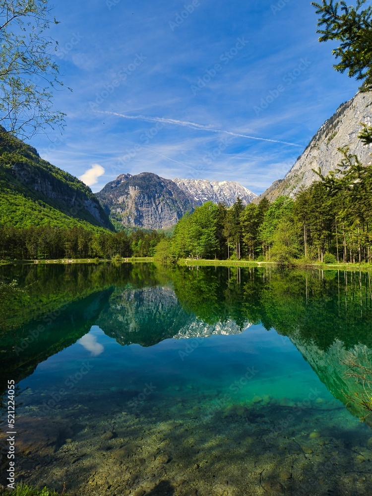 Poster beautiful view of the calm lake with reflection of trees in the water