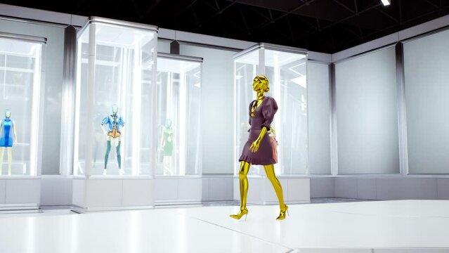 3D fashion show: virtual model walking by the podum. Fashionable purple dress. 3D Rendering