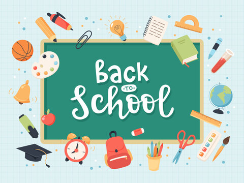 Back to school collection of supplies with handwritten calligraphy with blackboard. Cute colorful vector illustration
