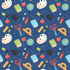 School seamless pattern. Supplies and equipment for learning. Cute vector illustration in flat cartoon style