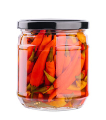 Glass jars with pickled chili peppers on white background