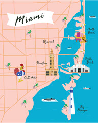 Miami Map Vector, Miami Travel Map, Miami Beach - obrazy, fototapety, plakaty