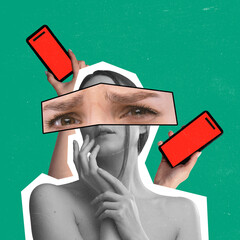 Contemporary art collage. Young girl with crying eyes element suffering from bullying, internet...