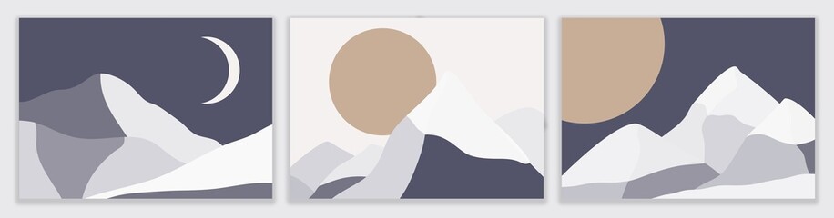 Abstract winter mountains and hills illustration set in modern minimalists style. Contemporary landscape with snow-capped peaks is perfect for social media, site, wall art, posters, cards, prints etc