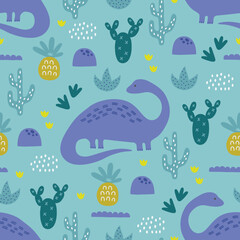 Child seamless pattern with cactus, pineapple, dinosaurs on turquoise background