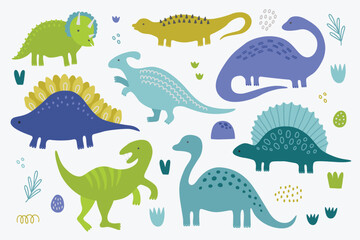 Set of dinosaurs - diplodocus, spinosaurus, velociraptor, stegosaurus, triceratops, ankylosaurus