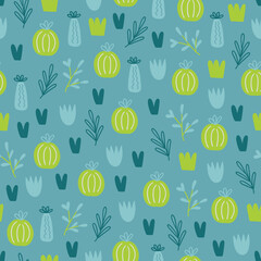 Child seamless pattern with cactus, grass, leaves, branches. Vector illustration