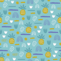 Child seamless pattern with pineapple, rainbow, dots, geometric shapes