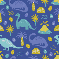 Child seamless pattern with dinosaurs, egg, volcano, palm trees
