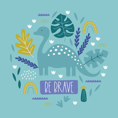 Child greeting card with dinosaur, rainbow, cactus, palm, monstera leaves