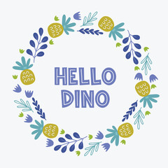 Child greeting card with leaves, pineapple, branches on white background